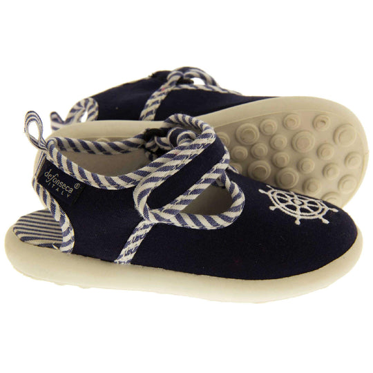 Boys sandals. Navy canvas t-bar pumps with white sole, anchor detail to the front and blue and white edging. Cut out heel visible with matching blue and white striped insoles.  Both feet from side angle but with left foot on its side so you can see the sole.