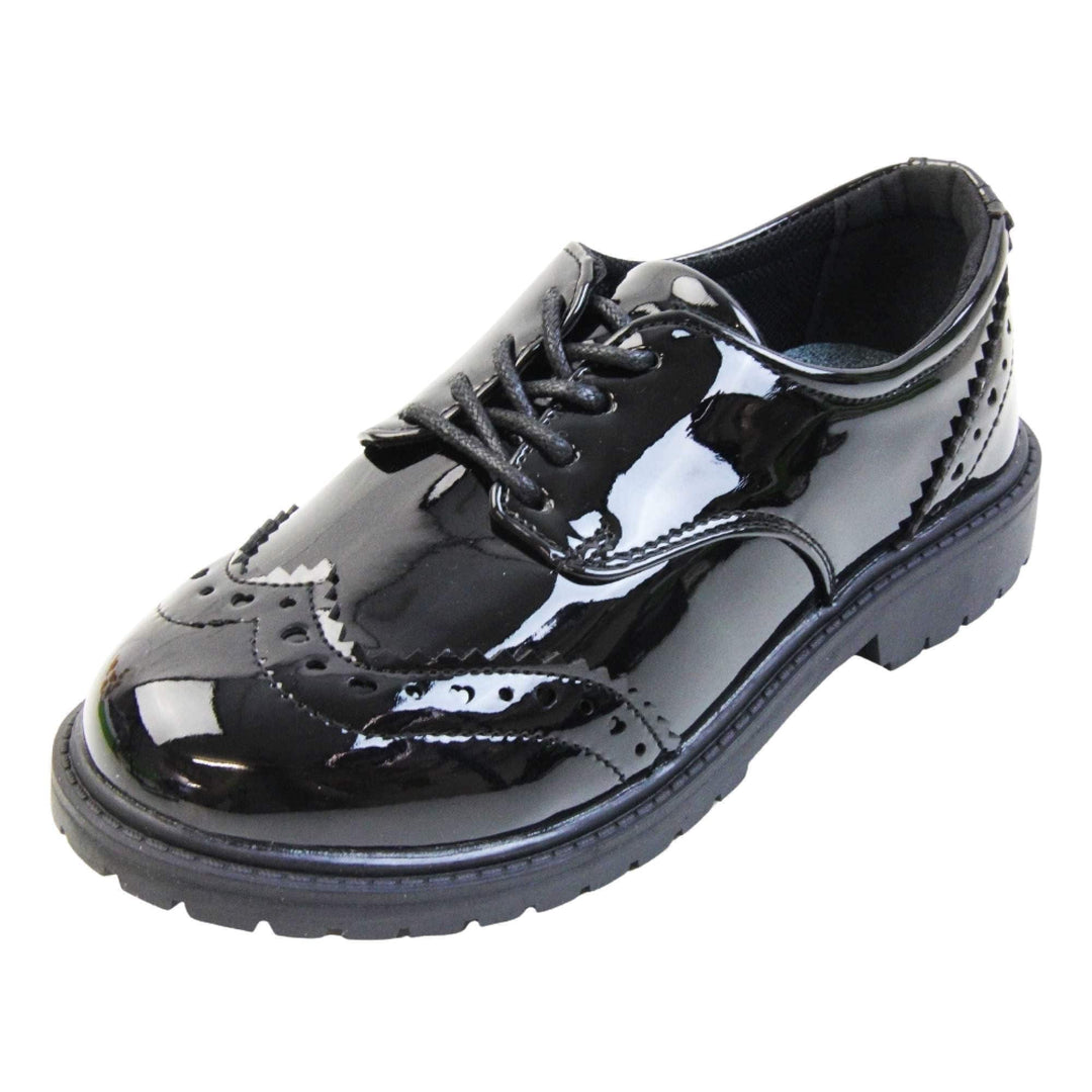 Brogue school shoes. Black patent faux leather uppers in a brogue style shoe. Black laces and lining with metallic blue insole. Black sole with very slight heel. Left foot at an angle.