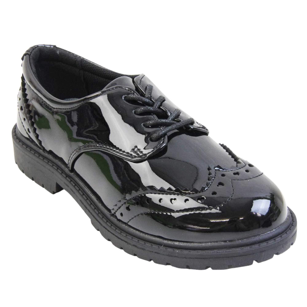 Brogue school shoes. Black patent faux leather uppers in a brogue style shoe. Black laces and lining with metallic blue insole. Black sole with very slight heel. Right foot at an angle.