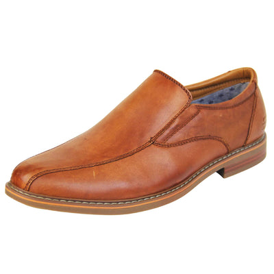 Brown dress shoes. Mens formal shoes with a smooth brown leather upper with detailed stitching and an embossed Skechers logo to the heel. Brown sole with very slight heel. Orange stripe running around the edge of the sole and orange detailing to the sole. Left foot at an angle.