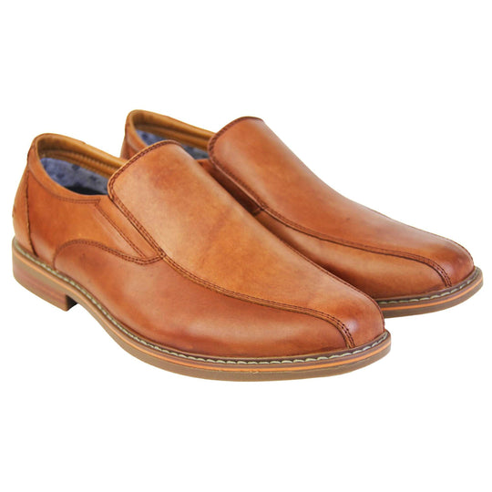 Brown dress shoes. Mens formal shoes with a smooth brown leather upper with detailed stitching and an embossed Skechers logo to the heel. Brown sole with very slight heel. Orange stripe running around the edge of the sole and orange detailing to the sole. Both shoes together from an angle.