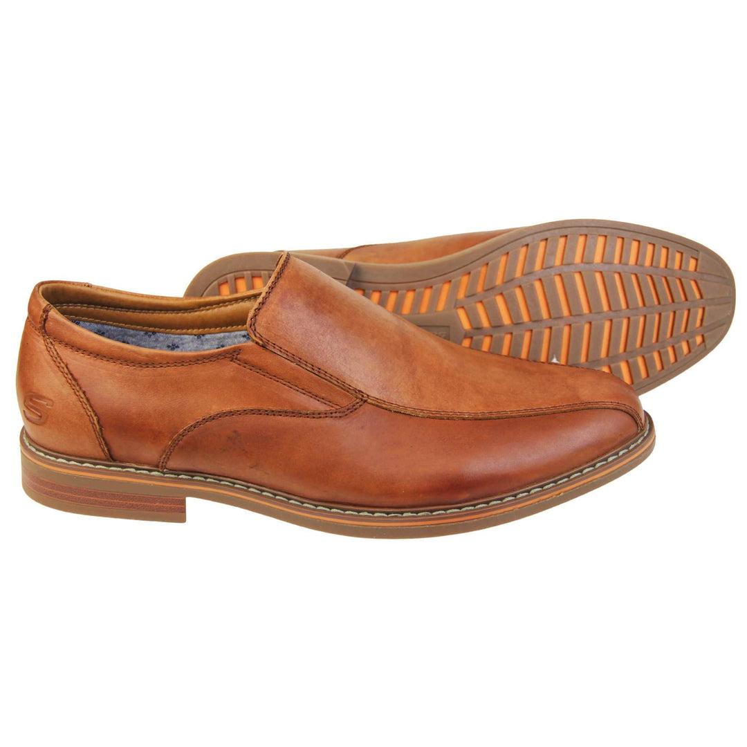 Brown dress shoes. Mens formal shoes with a smooth brown leather upper with detailed stitching and an embossed Skechers logo to the heel. Brown sole with very slight heel. Orange stripe running around the edge of the sole and orange detailing to the sole. Both feet from a side profile with left foot on its side behind the right to show its sole.