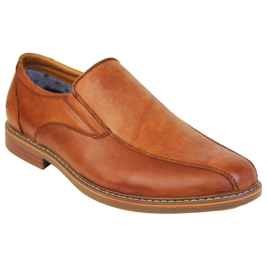 Brown dress shoes. Mens formal shoes with a smooth brown leather upper with detailed stitching and an embossed Skechers logo to the heel. Brown sole with very slight heel. Orange stripe running around the edge of the sole and orange detailing to the sole. Right foot at an angle.