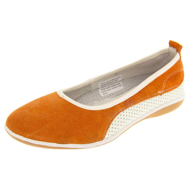 Burnt orange shoes. Ballet style flat with an orange suede upper. White leather mesh runs along the bottom of the back half of the shoe. Brown sole. White edging around the sole and the opening of the shoe. White leather lining. Orange suede leather loop on heel of the shoe to help pull on. Left foot at an angle.