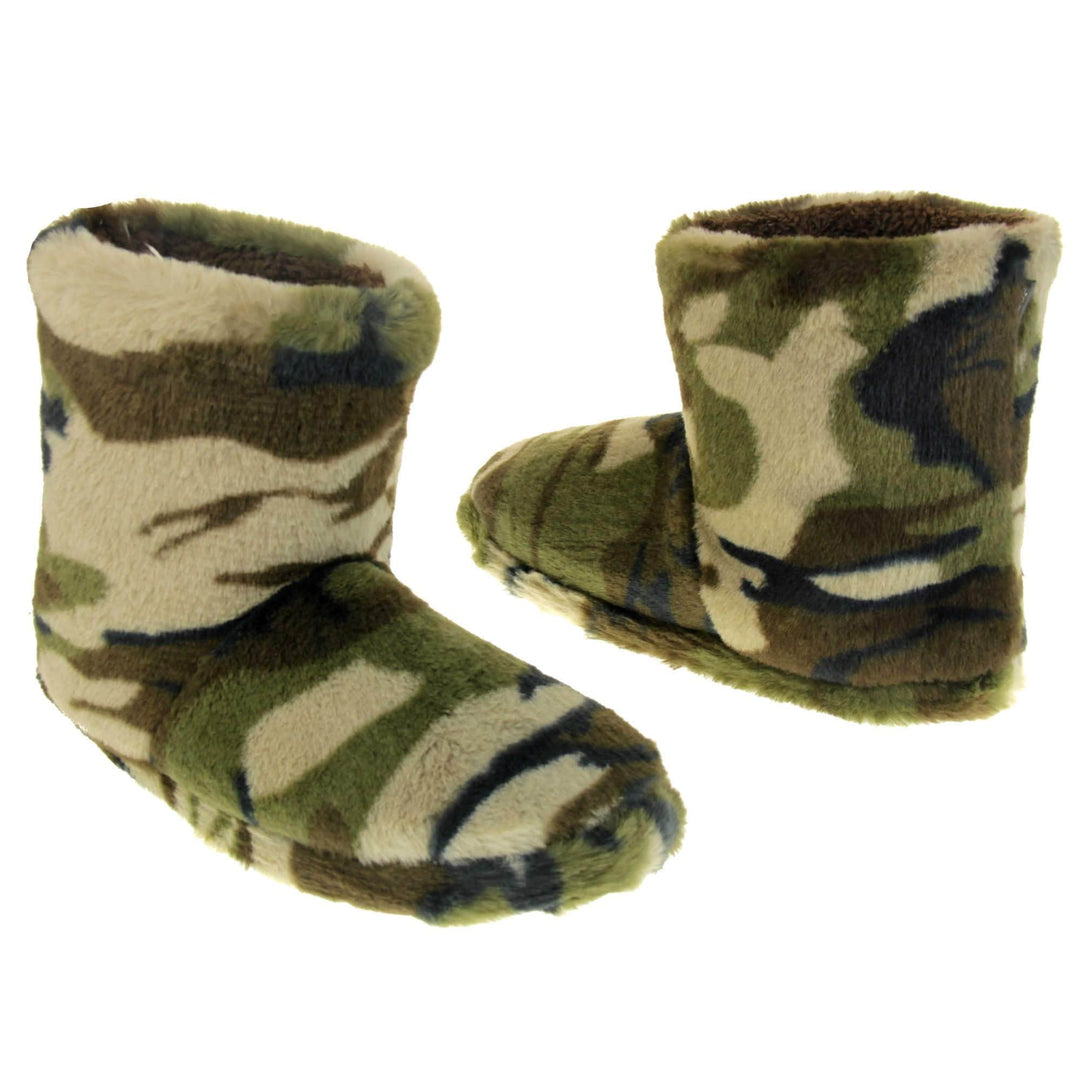 Camo slippers boots. Slipper boots with a camouflage army print faux fur upper. In khaki, brown, black and sand colours. With a firm black synthetic sole with grip to the base. Brown faux fur lining. Both feet at a slight angle, facing top to tail.