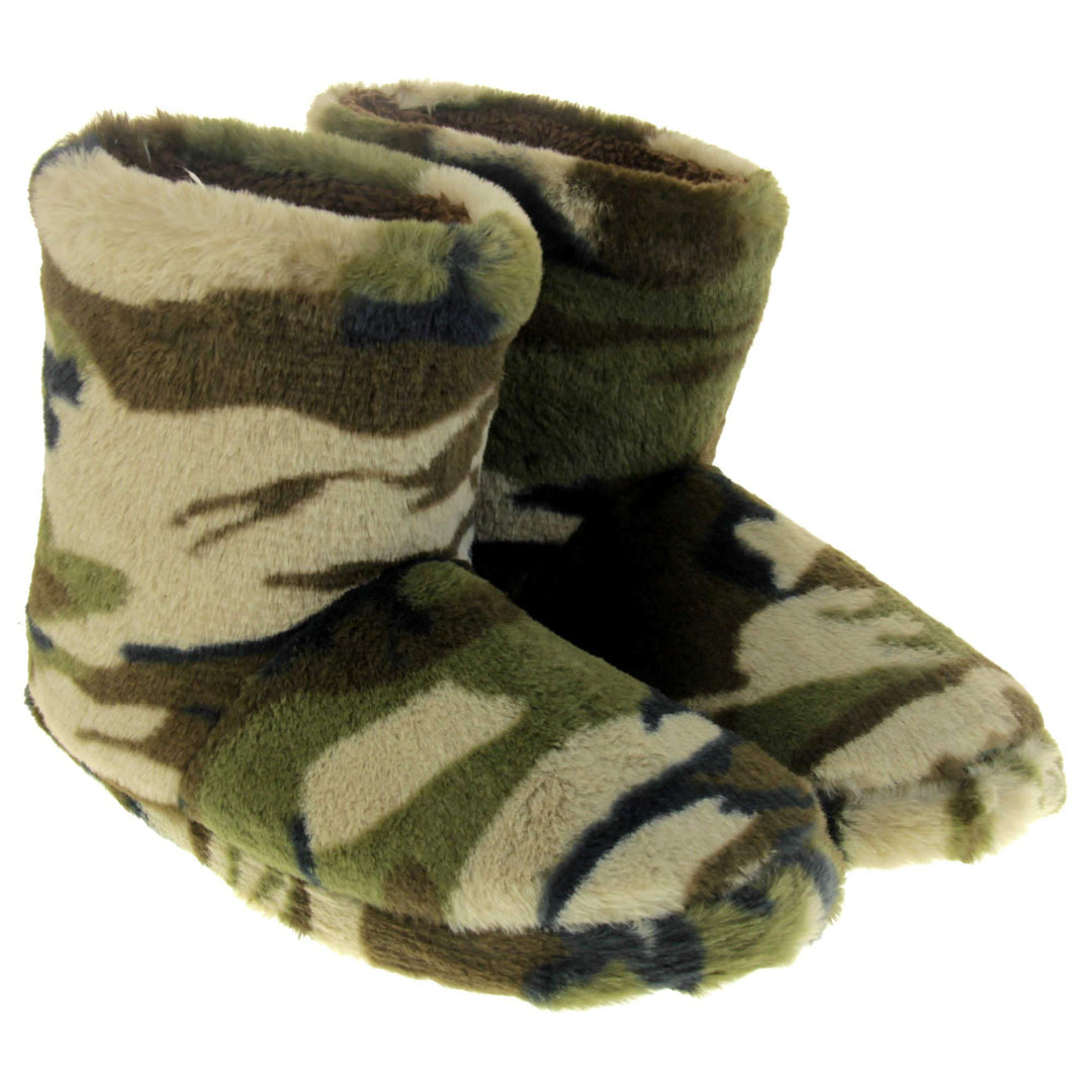 Camo slippers boots. Slipper boots with a camouflage army print faux fur upper. In khaki, brown, black and sand colours. With a firm black synthetic sole with grip to the base. Brown faux fur lining. Both feet together at a slight angle.