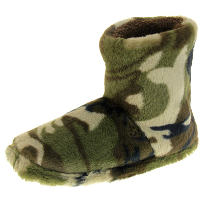 Camo slippers boots. Slipper boots with a camouflage army print faux fur upper. In khaki, brown, black and sand colours. With a firm black synthetic sole with grip to the base. Brown faux fur lining. Left foot at an angle.