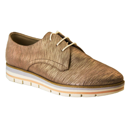 Casual oxfords. Womens oxford style shoes with a taupe metallic faux leather upper. Stitching detail to the sides. Cream laces and beige lining and cream, orange and lilac layered platform sole. Right foot at an angle.