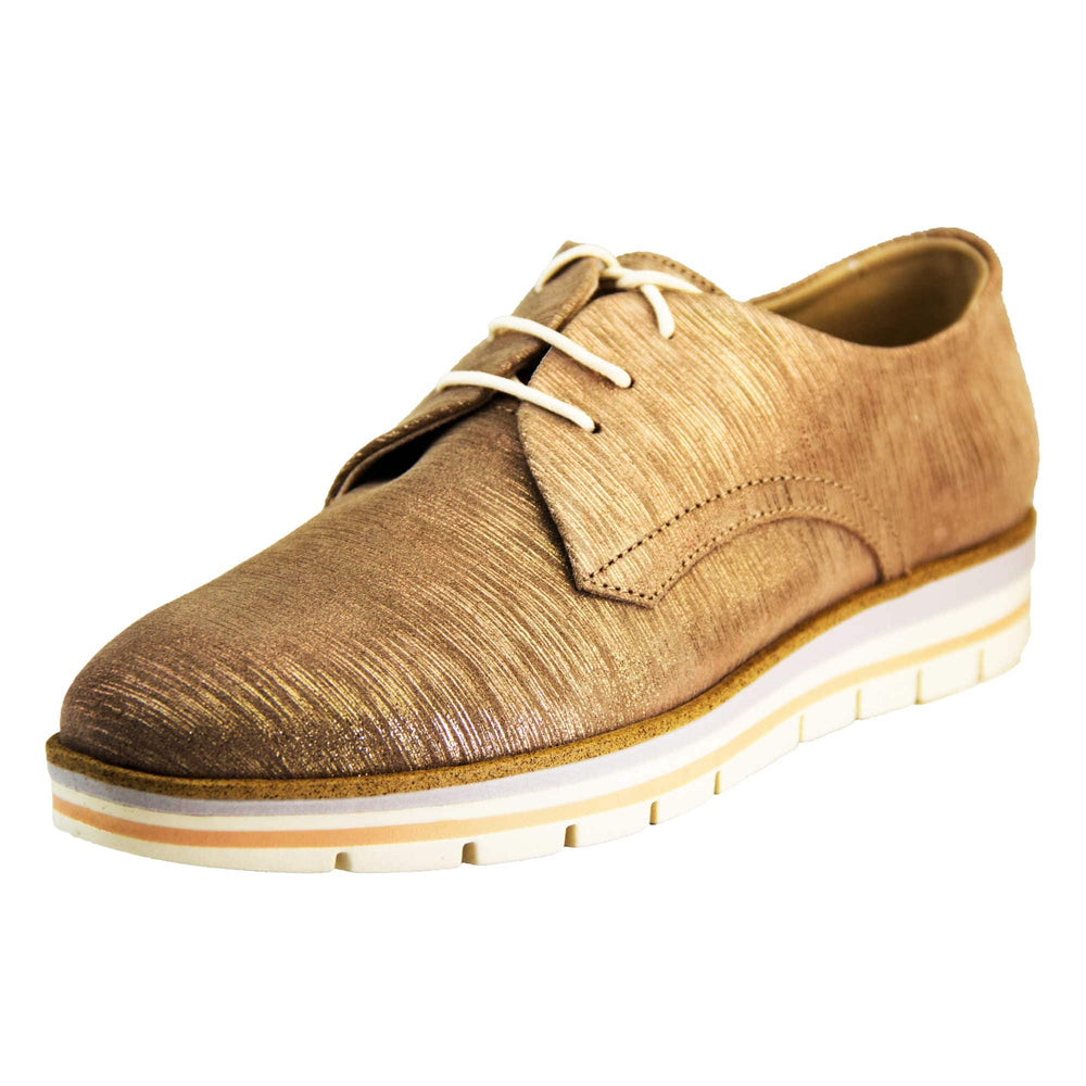 Casual oxfords. Womens oxford style shoes with a taupe metallic faux leather upper. Stitching detail to the sides. Cream laces and beige lining and cream, orange and lilac layered platform sole. Left foot at an angle.