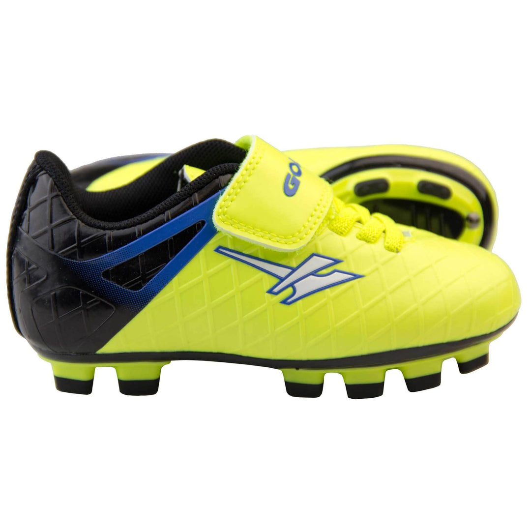 Childrens football boots. Yellow football boots, black heel with blue detailing. Yellow elastic lace detail and touch close strap fastening. White Gola logo to the side and blue Gola branding across the strap closure. Black sole with yellow outline and studs to the base. Both feet from side profile with left foot on its side to show the sole.