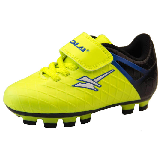 Childrens football boots. Yellow football boots, black heel with blue detailing. Yellow elastic lace detail and touch close strap fastening. White Gola logo to the side and blue Gola branding across the strap closure. Black sole with yellow outline and studs to the base. Left foot at an angle.
