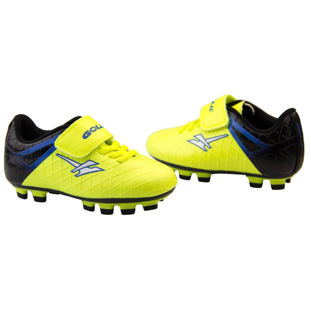 Childrens football boots. Yellow football boots, black heel with blue detailing. Yellow elastic lace detail and touch close strap fastening. White Gola logo to the side and blue Gola branding across the strap closure. Black sole with yellow outline and studs to the base. Both shoes facing top to tail from a side angle.