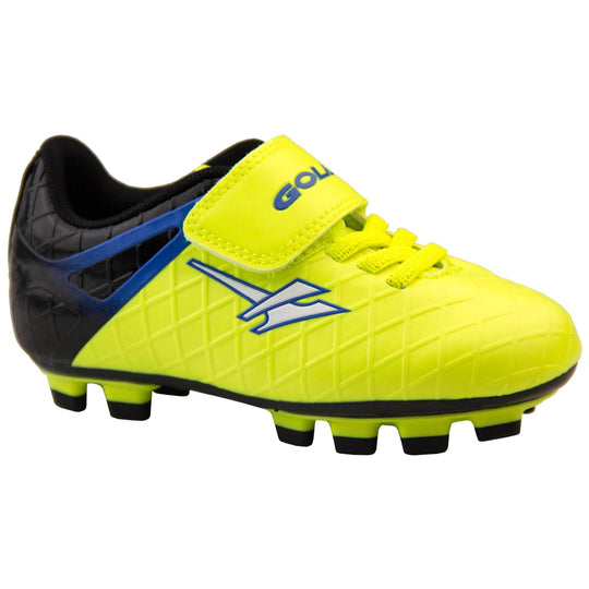 Childrens football boots. Yellow football boots, black heel with blue detailing. Yellow elastic lace detail and touch close strap fastening. White Gola logo to the side and blue Gola branding across the strap closure. Black sole with yellow outline and studs to the base. Right foot at an angle.