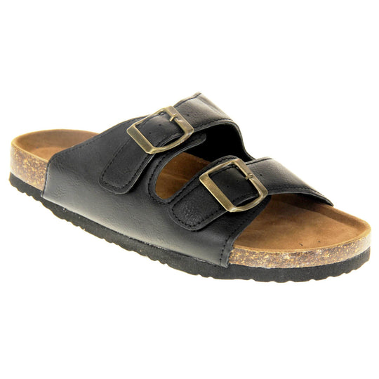 Classic black sandals. Womens dual strap slip on sandals. With a black synthetic leather upper with a gold buckle on each strap. Brown faux suede insole with a moulded footbed. Cork effect outsole with black base with grip to the bottom. Right foot at an angle.