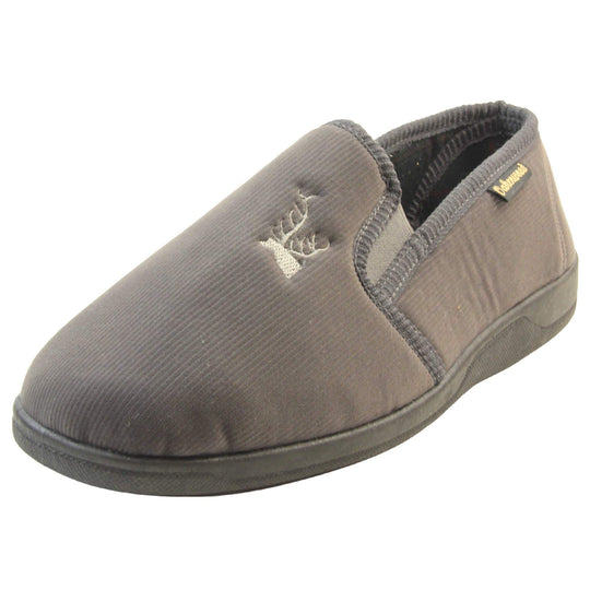 Classic Slippers. Mens full back slippers with a grey velour uppers. Grey elasticated panels joining the tongue to the top of the slippers. Grey stag head detail embroidered onto the top of the upper, near the tongue. Small black label on the outside rim, with Oakenwood branding sewn in gold. Plaid textile lining. Left foot at an angle.