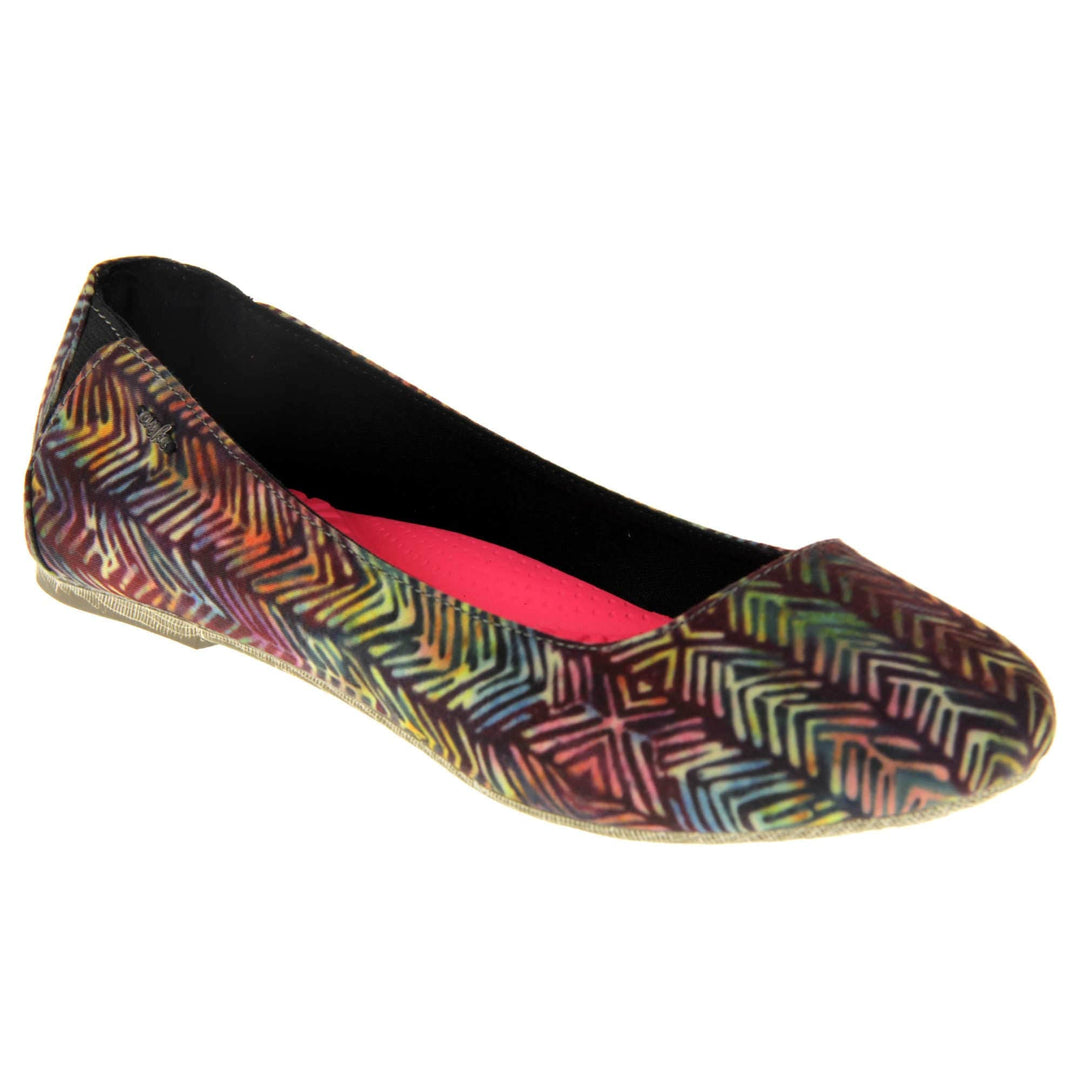 Comfort ballet flats. Women's ballerina shoes with a textile upper in a colourful herringbone style. Black textile lining with neon pink cushioned insole. Right foot at an angle.