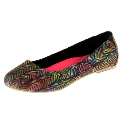 Comfort ballet flats. Women's ballerina shoes with a textile upper in a colourful herringbone style. Black textile lining with neon pink cushioned insole. Left foot at an angle.