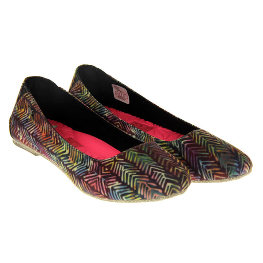 Comfort ballet flats. Women's ballerina shoes with a textile upper in a colourful herringbone style. Black textile lining with neon pink cushioned insole. Both feet together at a slight angle.