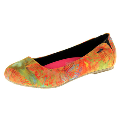 Comfy ballet flats. Women's ballerina shoes with a textile upper in a bright tie dye style. Black textile lining with neon pink cushioned insole. Left foot at an angle.