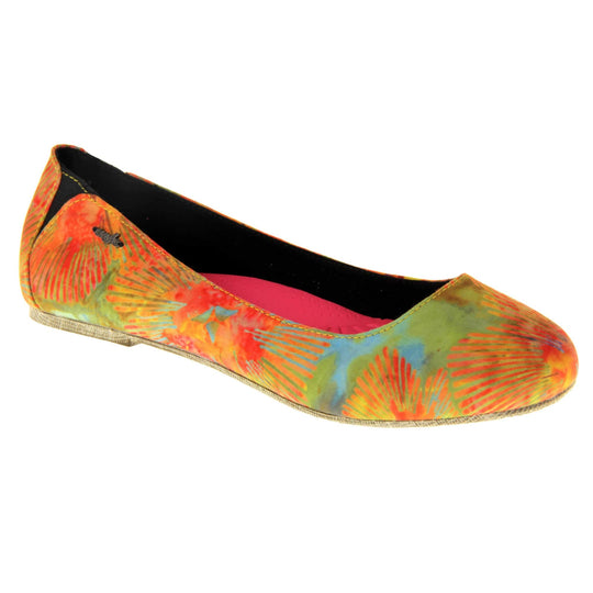 Comfy ballet flats. Women's ballerina shoes with a textile upper in a bright tie dye style. Black textile lining with neon pink cushioned insole. Right foot at an angle.