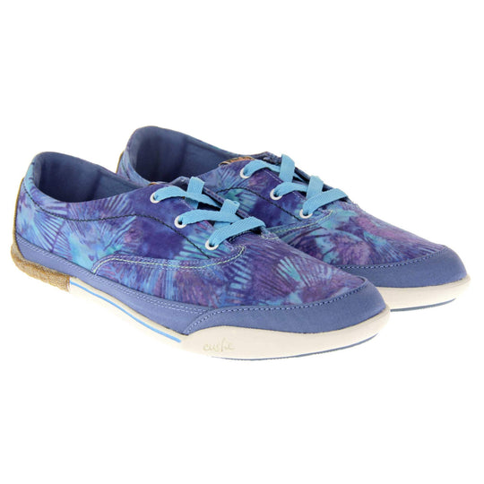 Tie dye trainers. Sneaker style shoes with a dark blue canvas upper with a tie dye pattern in light blue and purple. Light blue laces. Cushe Hoffman label on the tongue. White and blue outsole with the heel being espadrille style. Both feet together at a slight angle.