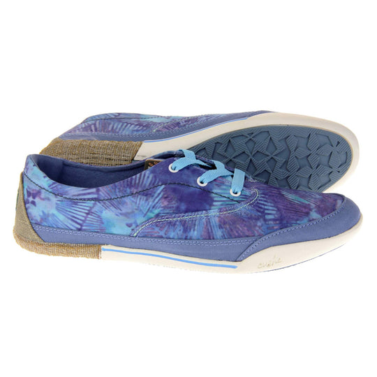 Tie dye trainers. Sneaker style shoes with a dark blue canvas upper with a tie dye pattern in light blue and purple. Light blue laces. Cushe Hoffman label on the tongue. White and blue outsole with the heel being espadrille style. Both feet from a side profile with the left foot on its side behind the the right foot to show the sole.