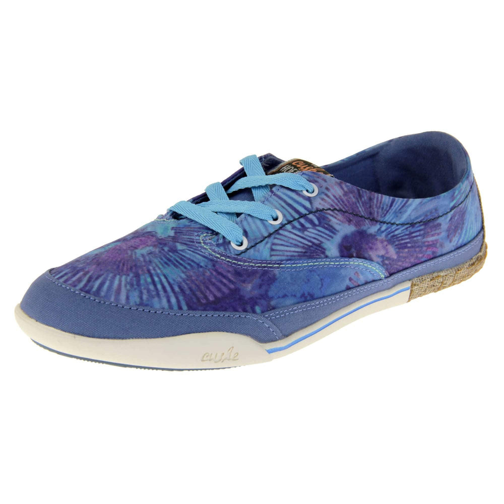 Tie dye trainers. Sneaker style shoes with a dark blue canvas upper with a tie dye pattern in light blue and purple. Light blue laces. Cushe Hoffman label on the tongue. White and blue outsole with the heel being espadrille style. Left foot at an angle.