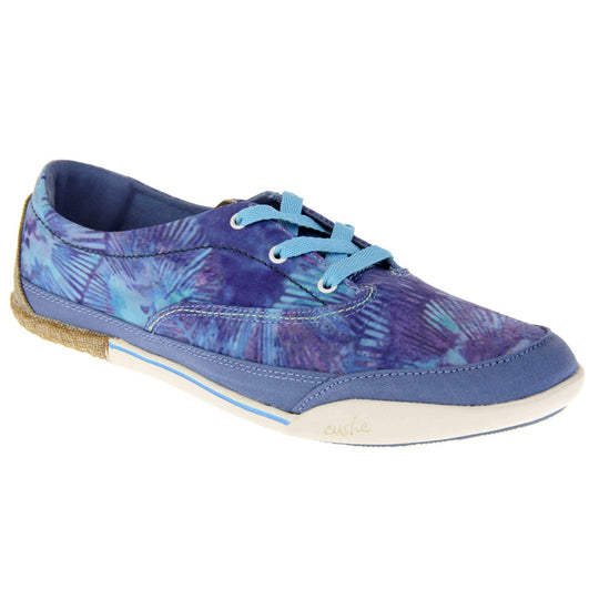 Tie dye trainers. Sneaker style shoes with a dark blue canvas upper with a tie dye pattern in light blue and purple. Light blue laces. Cushe Hoffman label on the tongue. White and blue outsole with the heel being espadrille style. Right foot at an angle.
