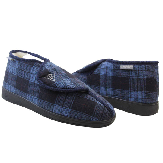 Orthopaedic boot slippers. Mens orthopaedic slippers in an ankle boot style. With a navy blue plaid upper and white fleece lining. With an adjustable touch close top with a grey Dunlop logo on. Small grey label to the outer side edge with Dunlop written on. Thick black outdoor sole. Both feet at an angle facing top to tail.