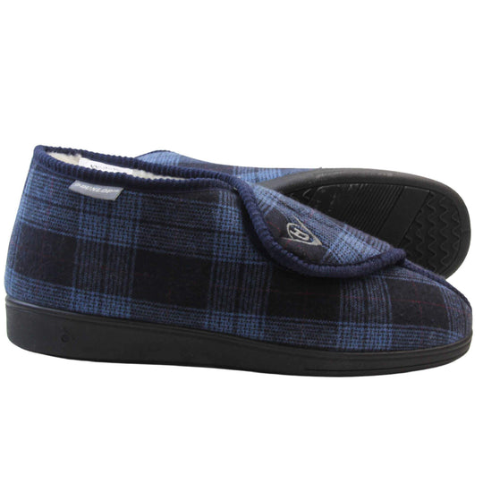 Orthopaedic boot slippers. Mens orthopaedic slippers in an ankle boot style. With a navy blue plaid upper and white fleece lining. With an adjustable touch close top with a grey Dunlop logo on. Small grey label to the outer side edge with Dunlop written on. Thick black outdoor sole.  Both feet from side profile with the left foot on its side to show the sole.