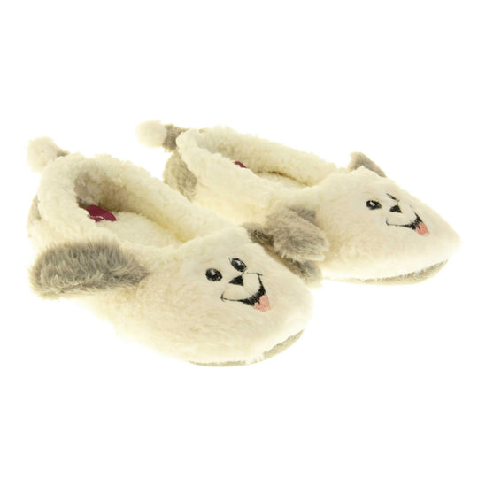 Dog slippers womens. Ladies slippers in a ballerina style. With white faux fur upper, cute embroidered sheepdog face and grey floppy ears. White faux fur lining. Beige textile sole with bumps to the bottom for grip. Both feet together at an angle.