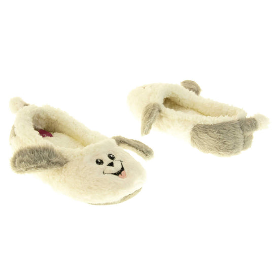 Dog slippers womens. Ladies slippers in a ballerina style. With white faux fur upper, cute embroidered sheepdog face and grey floppy ears. White faux fur lining. Beige textile sole with bumps to the bottom for grip. Both feet at an angle, facing top to tail.