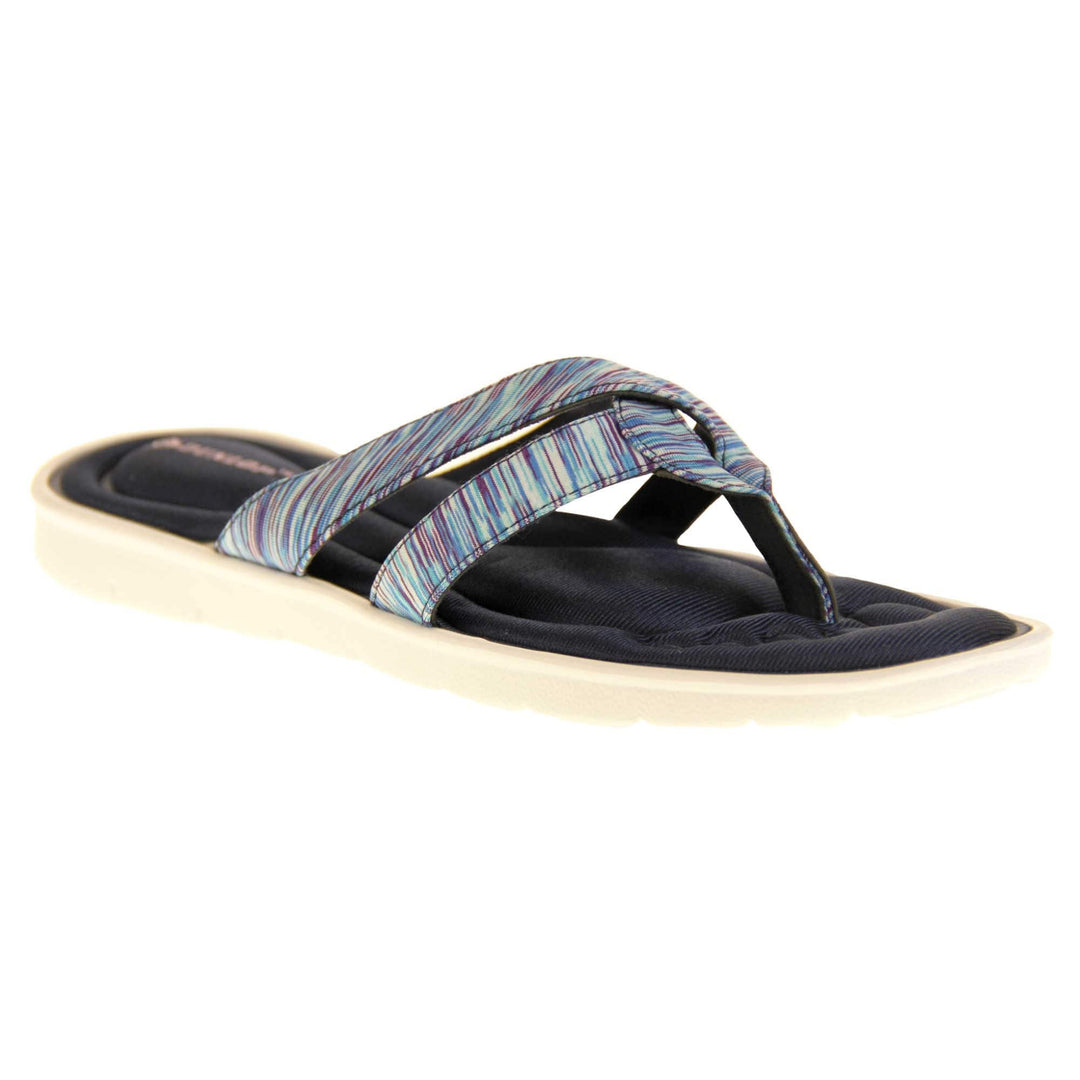 Dunlop flip flops. Womens flip flops with two straps done in a purple, teal and blue textile material meeting at a toe post. Black moulded, cushioned insole with white sole. Right foot at an angle.