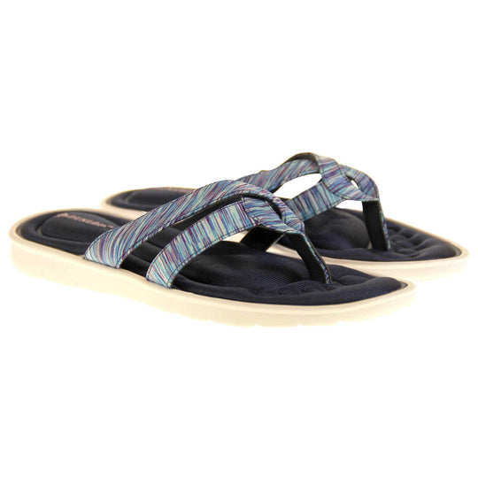 Dunlop flip flops. Womens flip flops with two straps done in a purple, teal and blue textile material meeting at a toe post. Black moulded, cushioned insole with white sole. Both feet together at a slight angle.