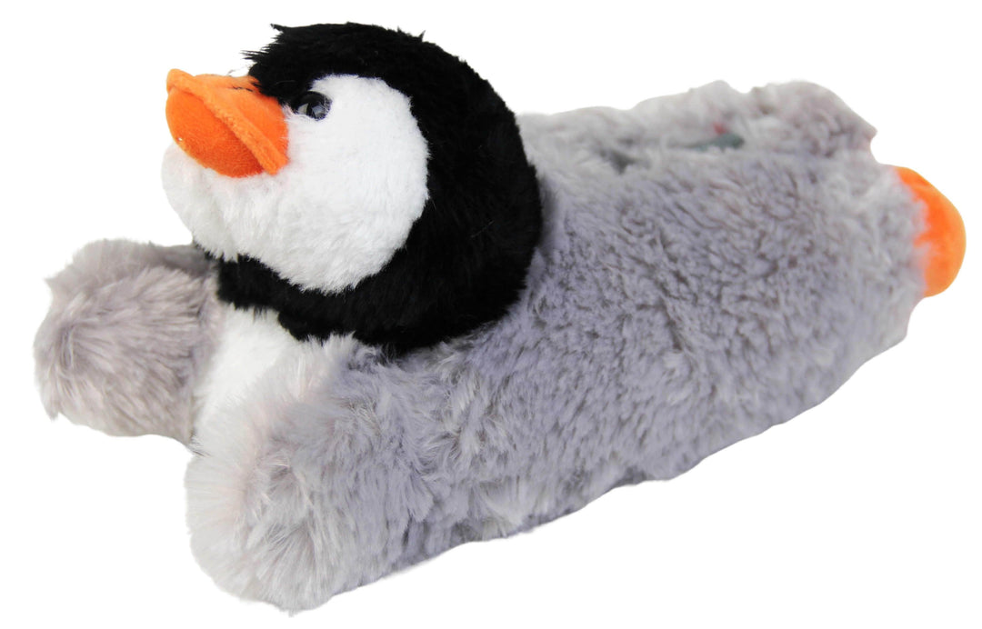 Kids penguin slippers. Slippers shaped like  penguins. With a soft faux fur outer with cute black and white penguin face with orange beak and feet. Left foot at slight angle.Kids penguin slippers. Slippers shaped like penguins. With a soft faux fur outer with cute black and white penguin face with orange beak and feet. Left foot an slight angle.