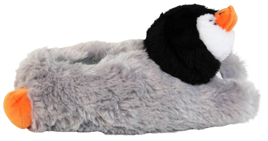 Kids penguin slippers. Slippers shaped like penguins. With a soft faux fur outer with cute black and white penguin face with orange beak and feet. Right foot from an angle. 