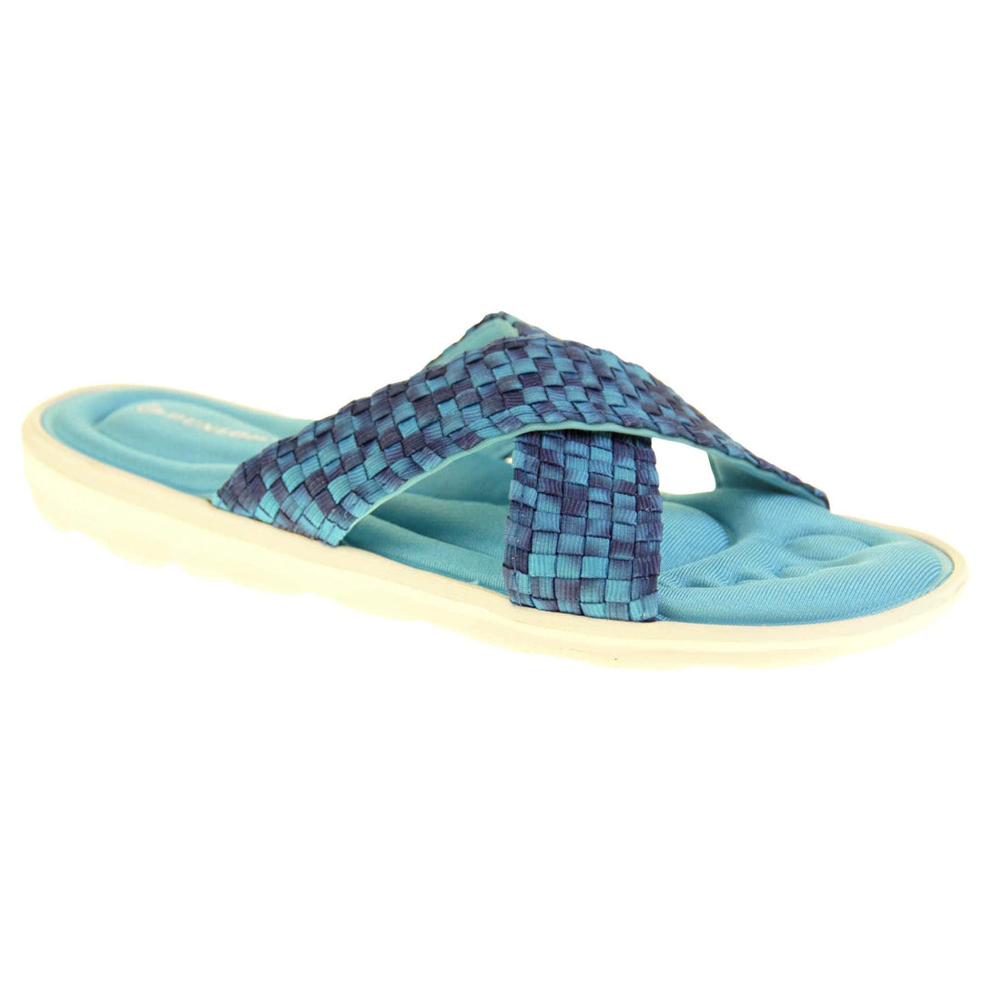 Womens slide sandals - Royal blue mosaic style straps in crossover design with dense memory foam insoles - perfect comfy sandals for women. Quick and easy slip on flip flops with light blue insole and white outsole with a slight wedge heel. Right foot at an angle.