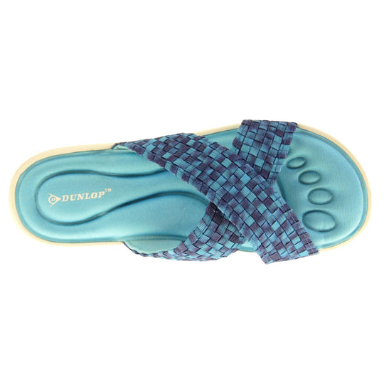 Womens slide sandals - Royal blue mosaic style straps in crossover design with dense memory foam insoles - perfect comfy sandals for women. Quick and easy slip on flip flops with light blue insole and white outsole with a slight wedge heel. View from above.