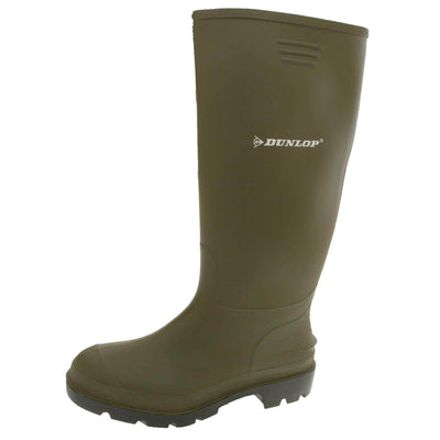 Dunlop wellington boots. Green knee high wellies with a waterproof rubber upper and sole. With white Dunlop logo and brand on the side. Left foot at an angle.