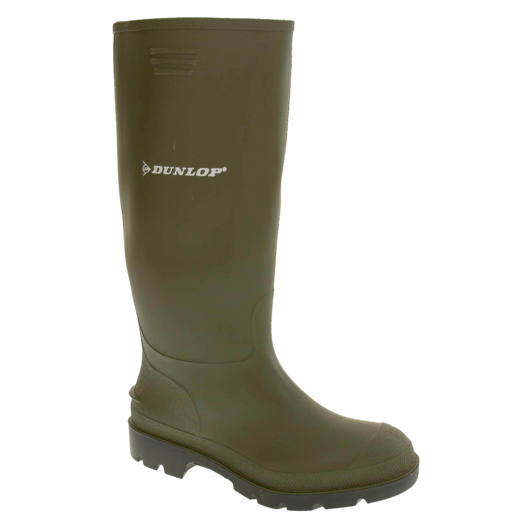 Dunlop wellington boots. Green knee high wellies with a waterproof rubber upper and sole. With white Dunlop logo and brand on the side. Right foot at an angle.