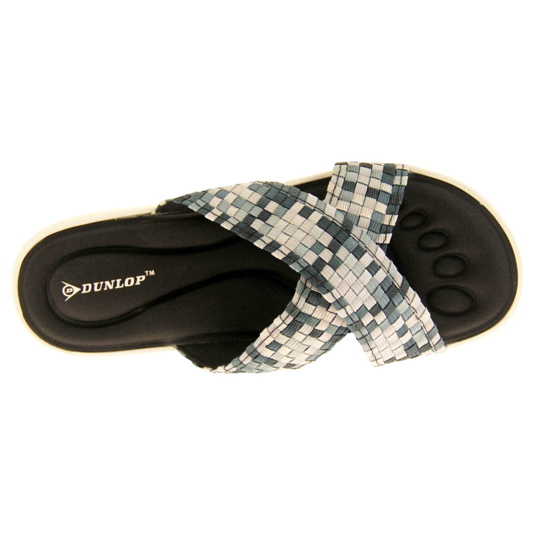Womens black flat sandals - Black and grey mosaic style crossover straps with a dense black memory foam insole - perfect comfy sandals for women. White outsole. View from above.