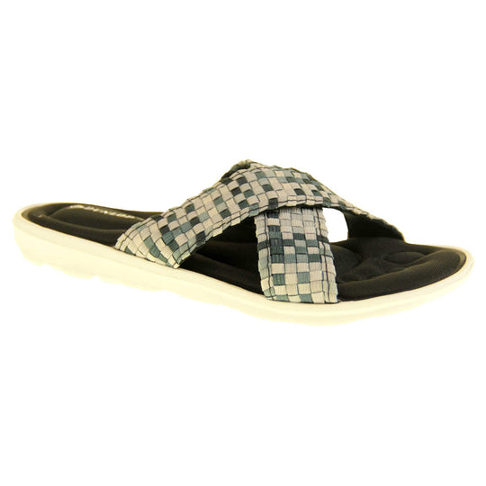 Womens black flat sandals - Black and grey mosaic style crossover straps with a dense black memory foam insole - perfect comfy sandals for women. White outsole. Right foot at an angle.
