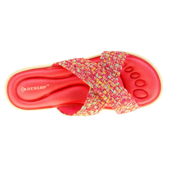 Pink sandals for women - Hot pink mosaic style crossover sandals with memory foam insole, white low heel flat outsole in a flip flop design. View from above.