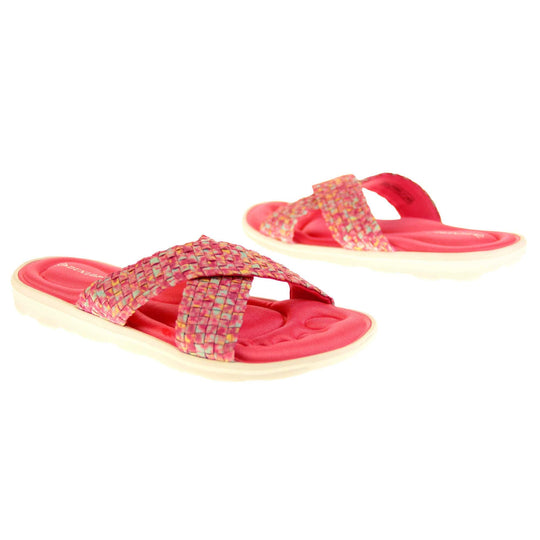 Pink sandals for women - Hot pink mosaic style crossover sandals with memory foam insole, white low heel flat outsole in a flip flop design. Both feet facing top to tail.