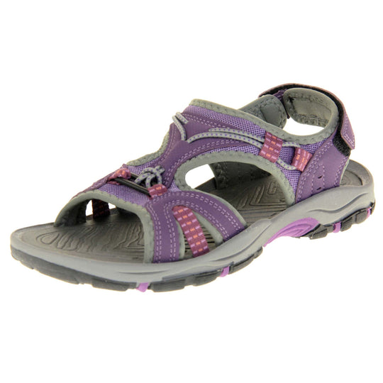 Womens Dunlop Hiking Sandals - Plum purple faux leather upper with light purple mesh and grey elasticated strap detailing around. Good grips to the sole and a hook and loop ankle strap for a secure fit. Grey, purple and black flexible outsole. Left foot at angle.