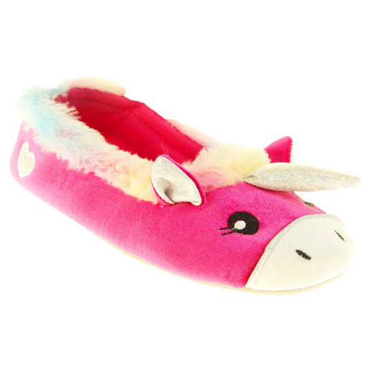 Unicorn slippers womens. Ladies slippers in a ballerina style. With bright pink velvety upper, cute embroidered horse face,shiny horn and rainbow faux fur collar. Warm pink lining. Beige textile sole with bumps to the bottom for grip. Right foot at an angle.