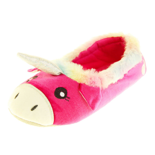 Unicorn slippers womens. Ladies slippers in a ballerina style. With bright pink velvety upper, cute embroidered horse face,shiny horn and rainbow faux fur collar. Warm pink lining. Beige textile sole with bumps to the bottom for grip. Left foot at an angle.