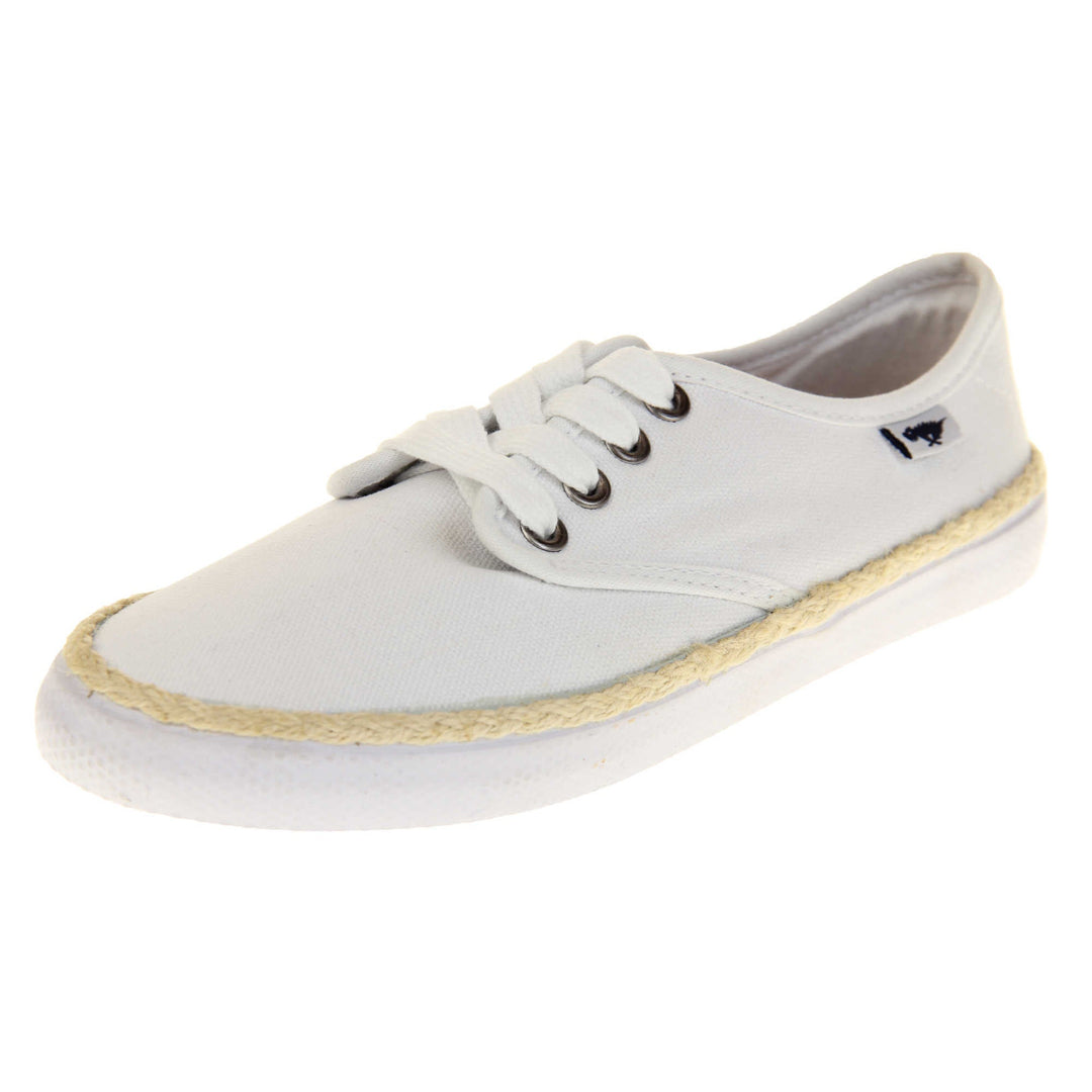 Espadrille pumps. Sneaker style shoes with a white canvas upper. White laces and a small Rocket Dog label to the side. White outsole with espadrille rope around the top. Left foot at an angle.