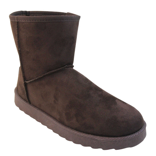 Faux fur lined boots. Ankle boots with a dark brown faux suede upper and stitching detail. Brown faux fur lining. Chunky brown sole with deep tread to the bottom. Right foot at an angle.
