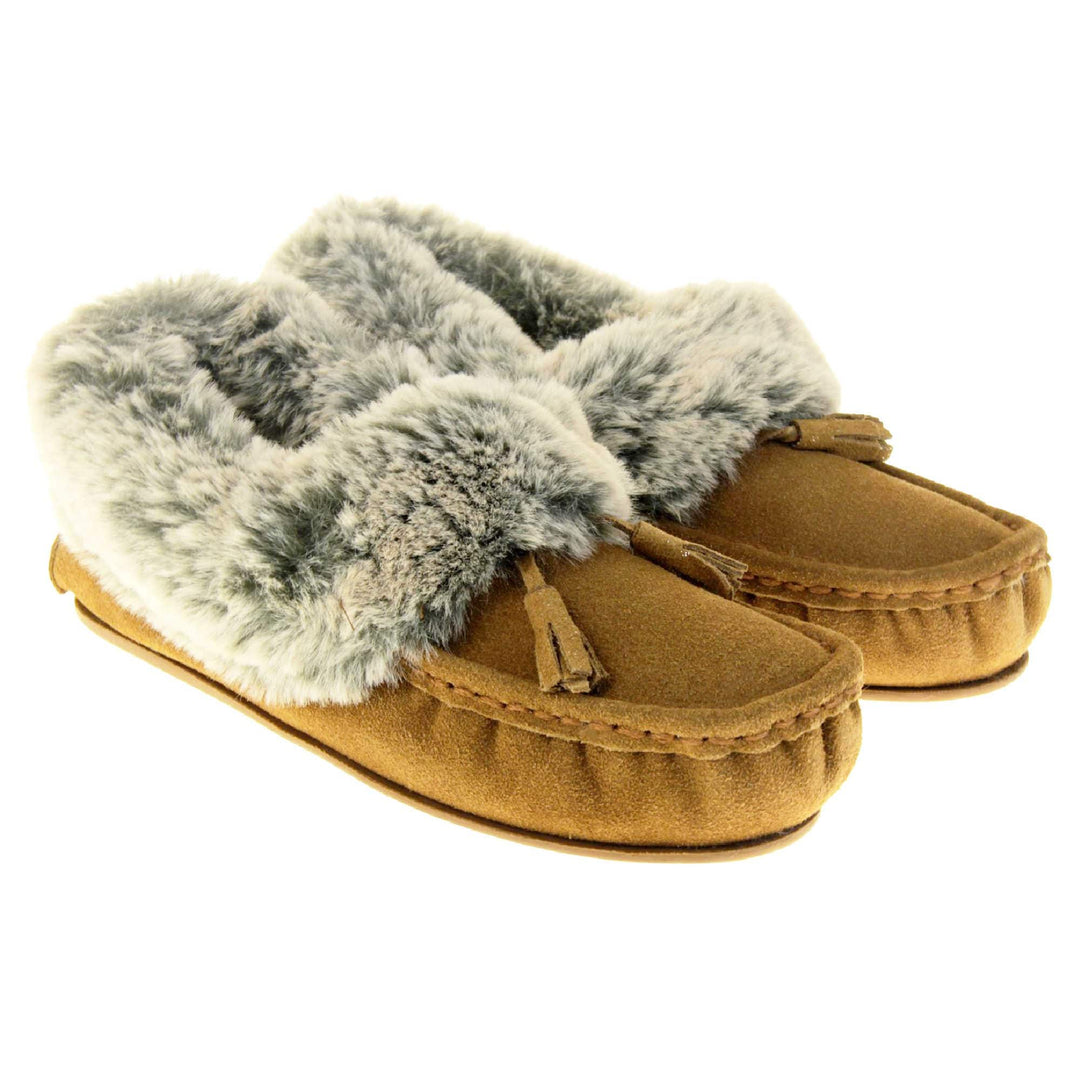 Faux fur moccasin slippers. Womens brown faux suede moccasin style slippers. With stitched detailing and tassels with subtle glitter on. Pale grey faux fur collar and lining. Brown firm sole. Both feet together at an angle.